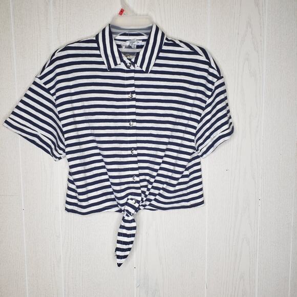 New Splendid navy white nautical shirt tie front cropped size xSmall - Picture 1 of 6